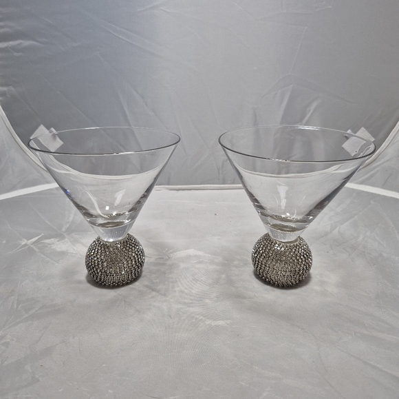 Stemless Silver Rhinestone Sparkle Bling Ball Base Martini Glasses -Set of 2 - Picture 1 of 8